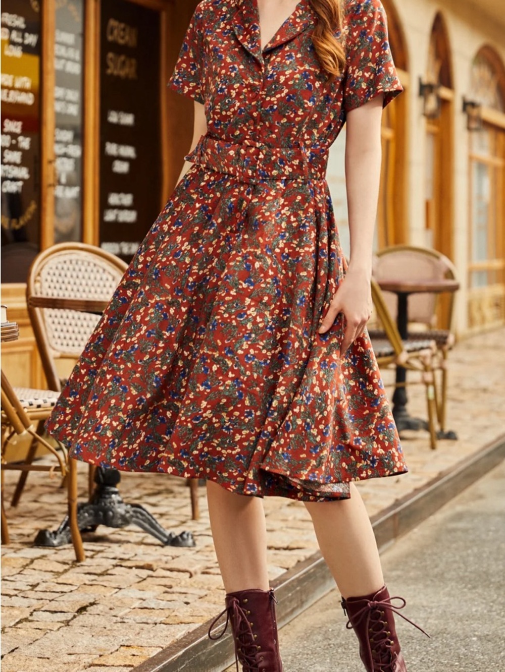 NWT ModCloth Rustic Elegance Casual Dress Cider Blossom Red Blue Floral Belted - Picture 2 of 12